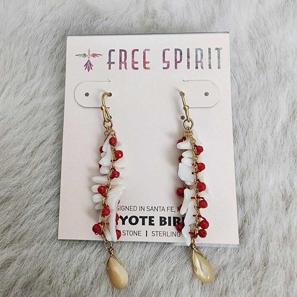NEW Peyote Bird Free Spirit Gold Chain Red Spiral Earrings with Shell Accents